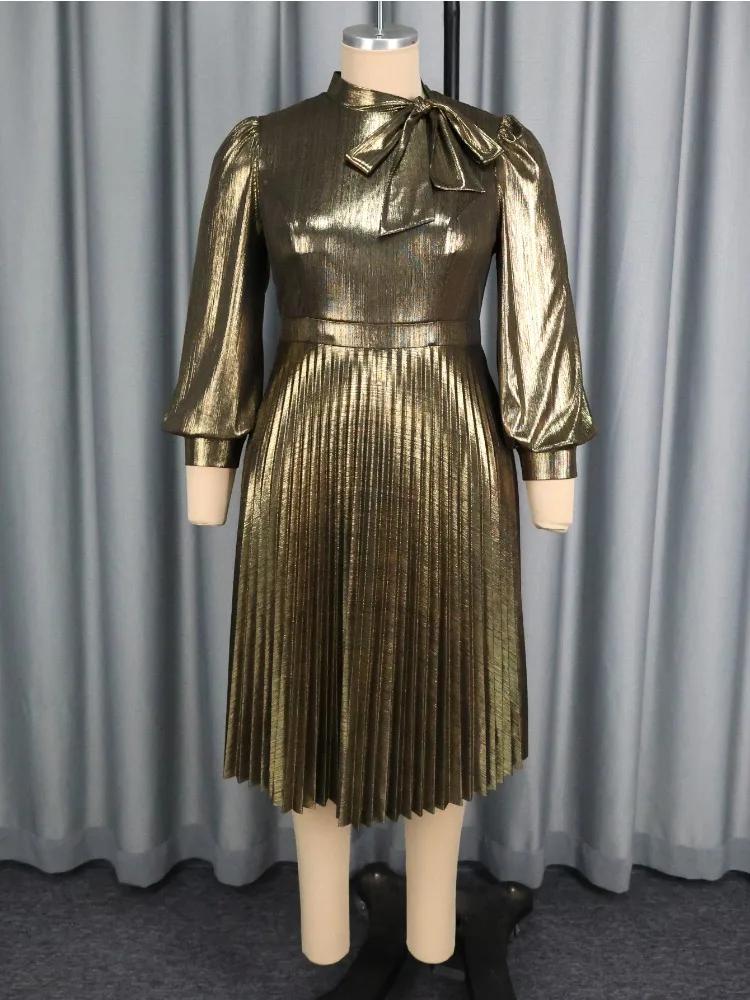 Elegant Gold A Line Pleated Dress Half High Neck Long Lantern Sleeve Casual Office Wear Midi Dress Women Vintage Party Outfits