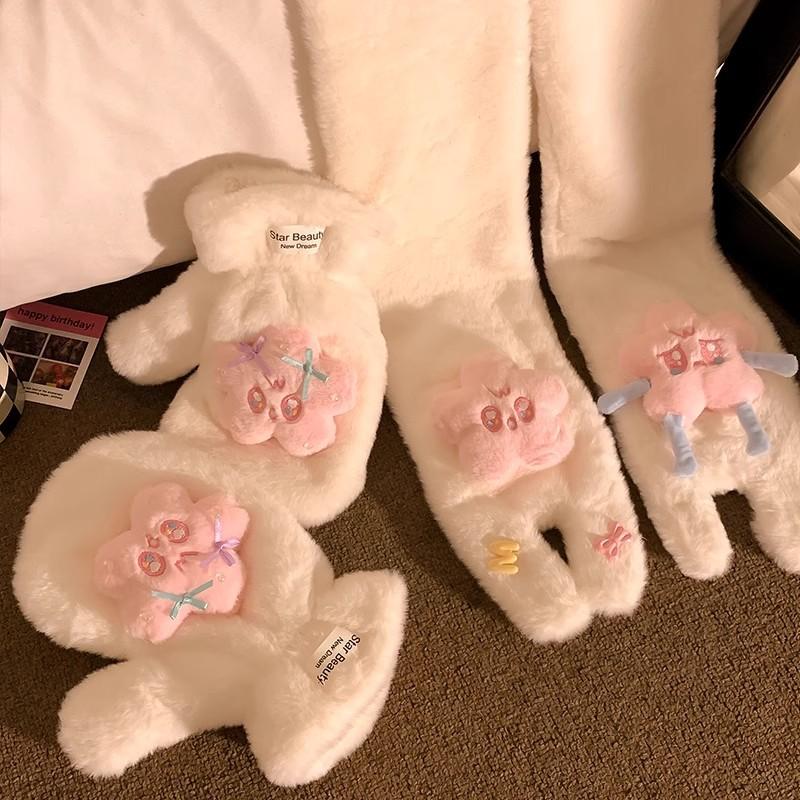 Cute cartoon star gloves girl heart thickened fluffy plush warm finger driving scarf