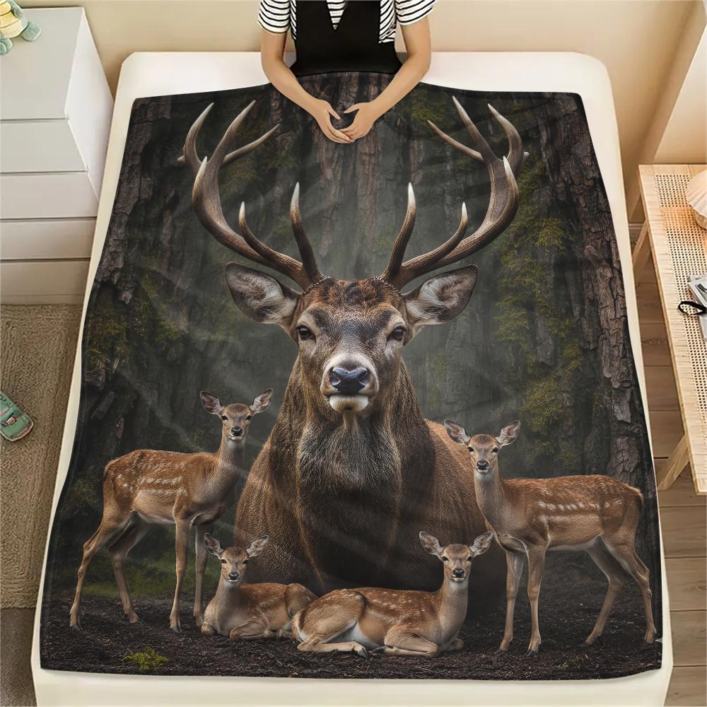 1Pc Deer Peacock Print Flannel Blanket, High Quality Comfortable for All Seasons, Home Decor, Warmth and Comfort, Perfect for Gifts