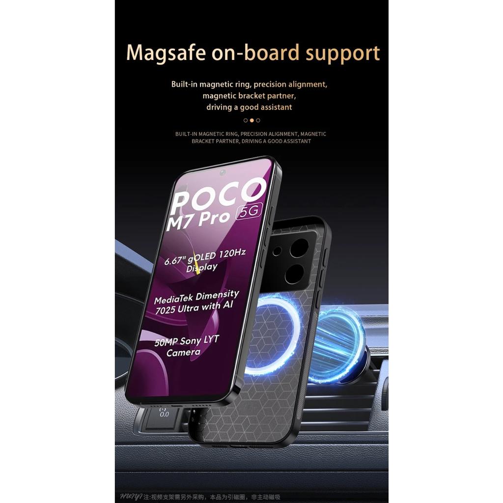 Leather Magsafe Case for Xiaomi Poco M7 Pro 5G Car Magnetic Holder Wireless Charging Silicone Hard Phone Cover PocoM7pro Shell