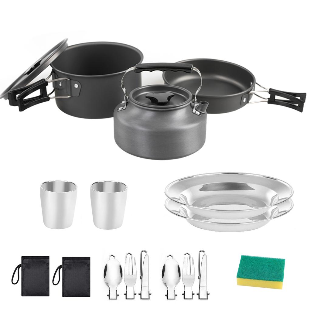 Oem Outdoor Camping Set Pot Plus Teapot Stainless Steel Cup Plate Meal Bag Set Portable Cookware