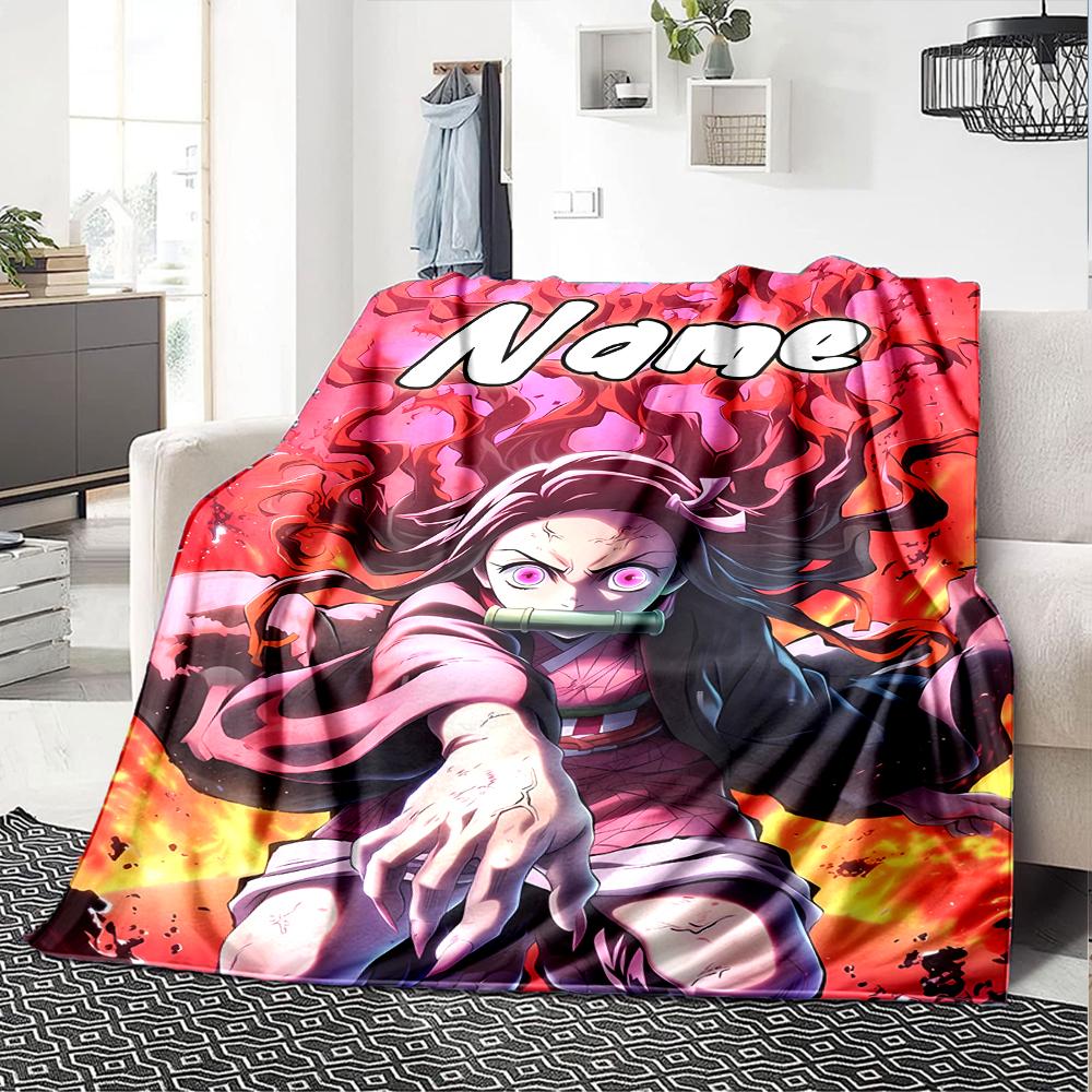 Customiz Name Personality Demon Slayer Nezuko Blanket Soft &Warm Sofa Office Bed Travel Lunch Break Blanket, Gift Suitable All Seasons