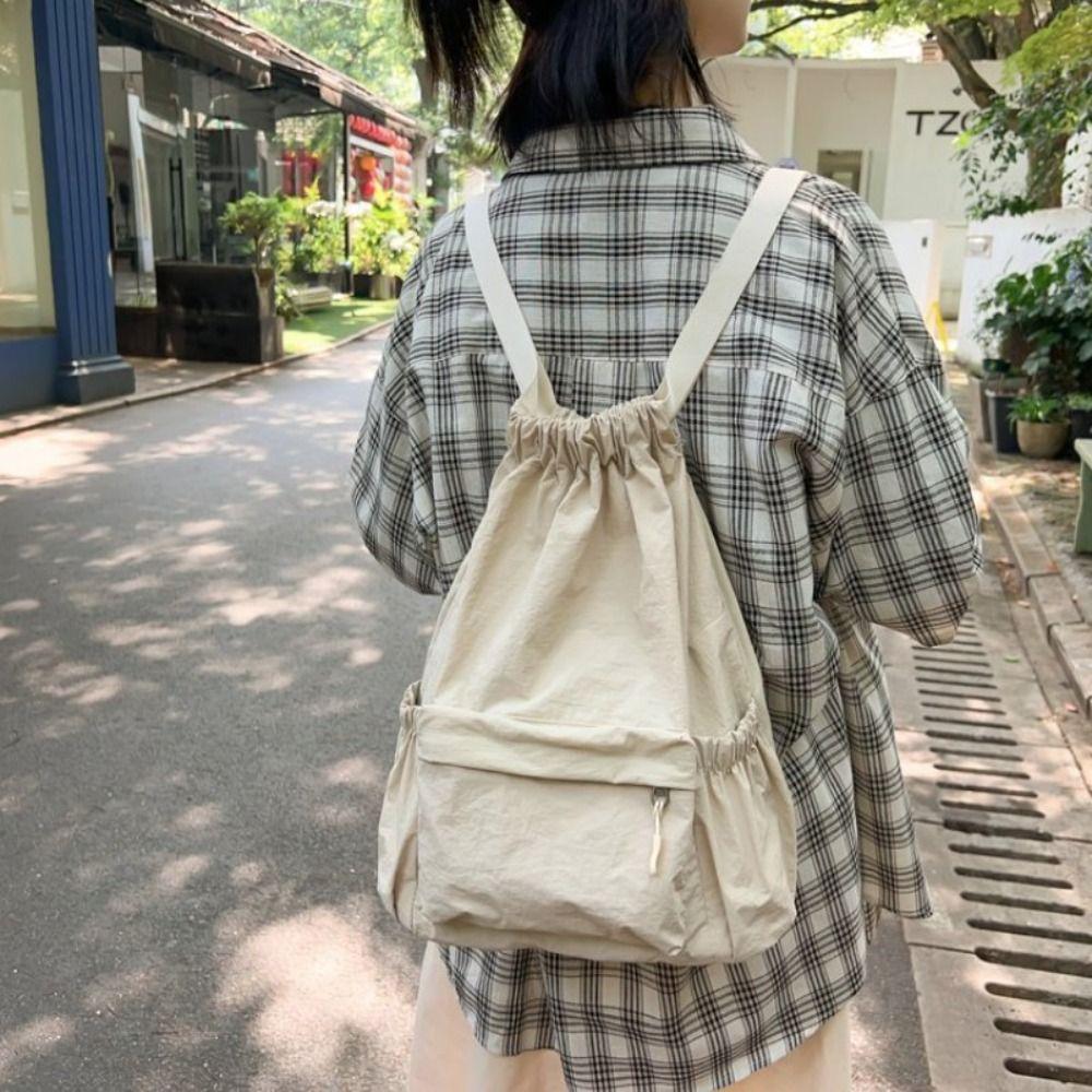 Light Weight Nylon Shoulder Bag Large Capacity High School Bag Drawstring Backpack Girls Boys