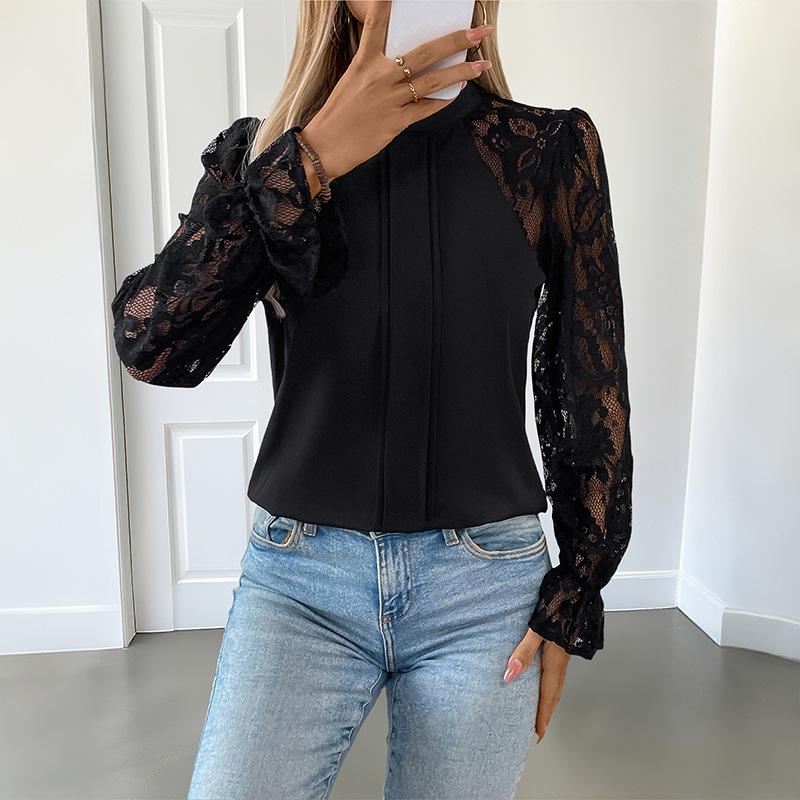 

2026 New Autumn Versatile Sexy and Elegant Half Turtle Neck Solid Color Lace Long-sleeved Women s Shirt XL чорний