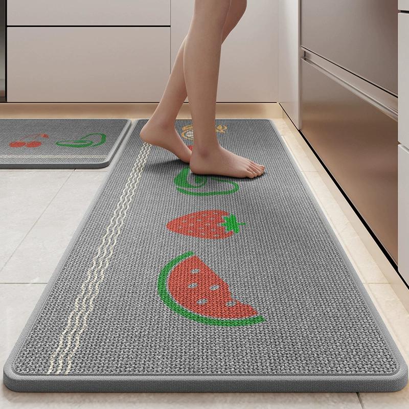 Cartoon Printed Linen Kitchen Floor Mat, Water and Oil-absorbing Kitchen Rug, Non-Slip Rubber Backing, Doormat Bath Mats