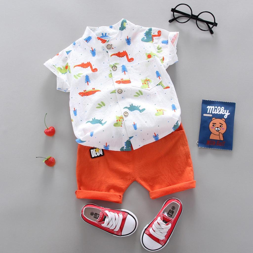 Summer Printed Pyramid Shirt Short Sleeved Shorts Set for Male and Female Infants and Young Children