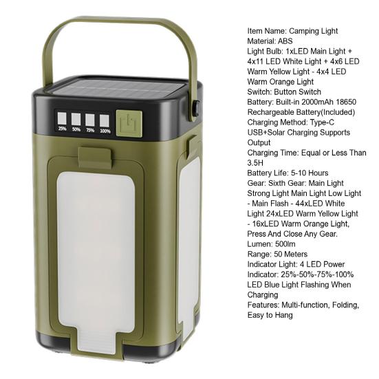 Multi-function Folding Outdoor Camping Light Power Bank USB Rechargeable Solar Lantern Super Bright Hiking Tent Hanging Lamp Emergency Flashlight