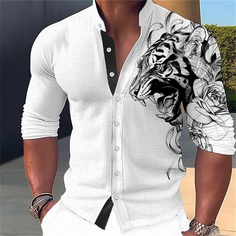 Men's Long Sleeved Shirt 3D Abstract Printing Standing Collar Button Up Shirt Fashion Street Designer Designs Men's Clothing