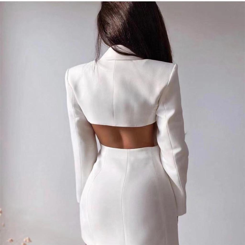 2025 European & American Double-Breasted Long Sleeve Open Back Autumn Suit Skirt