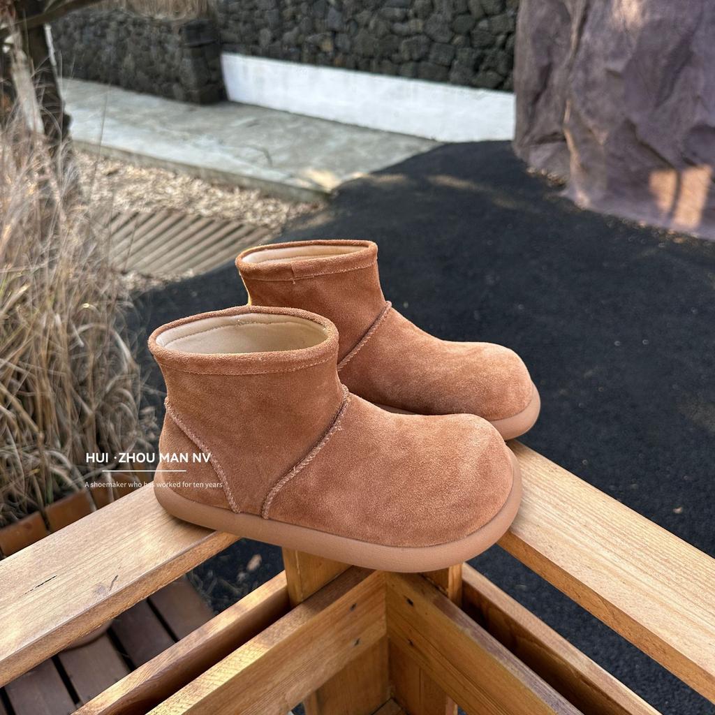 Rindslederversion~ Retro runde Zehe hässlich süße kurze Stiefel Damen Samt Low-Top Schneestiefel warm große Baumwollschuhe dicksohlige flauschige Stiefel