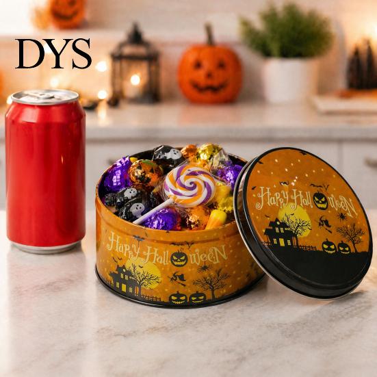 Small Metal Trinket Case Halloween Round Tin Box, Candy Cookie Storage Container with Pumpkin Witch Themed Gift Box Print, Spooky Party Favor Reusable