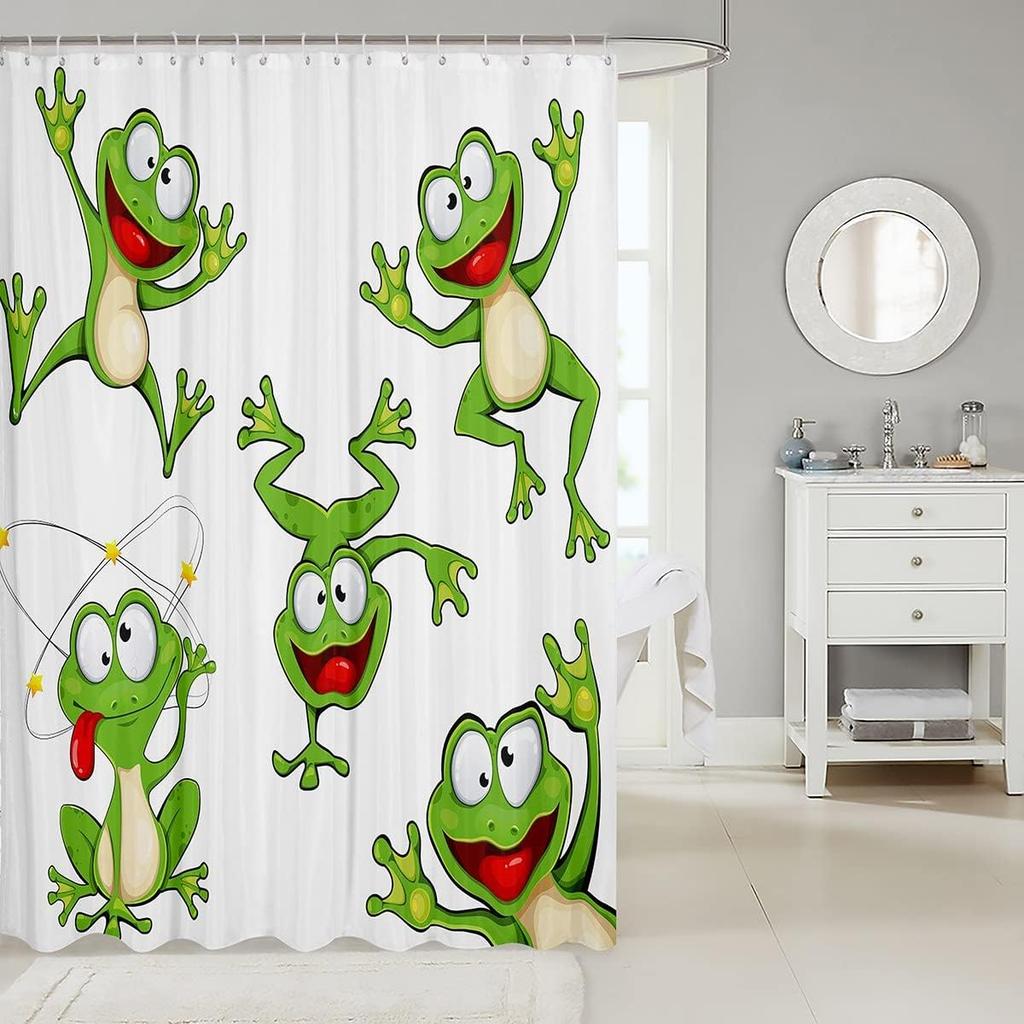 Cartoon Frog Shower Curtain Funny Green Animal Kids Bathroom Decor Linen180X230