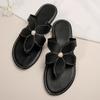 Women'S Elegant Black Floral Sandals - Comfortable Flat, Slip-On, All-Season Footwear with Golden Accents, Perfect for Beach, Pool, and Outdoor