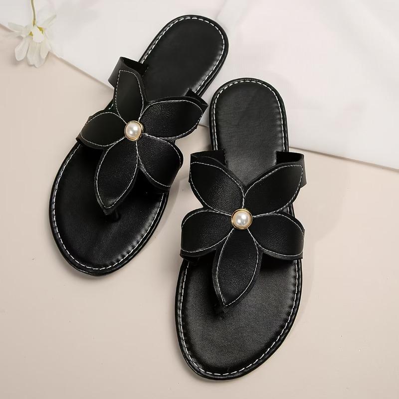 Women'S Elegant Black Floral Sandals - Comfortable Flat, Slip-On, All-Season Footwear with Golden Accents, Perfect for Beach, Pool, and Outdoor
