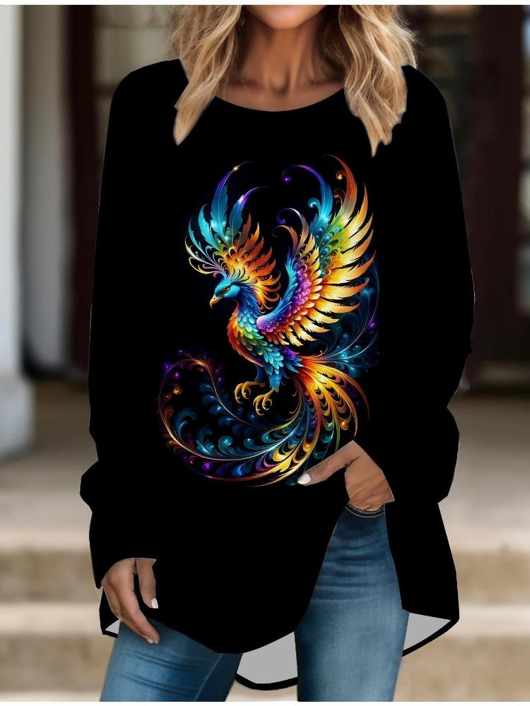 Spring Printed Comfy Long Sleeve T-shirt Plus Size Women Casual Baggy Tee Round Collar Mid Length Tops