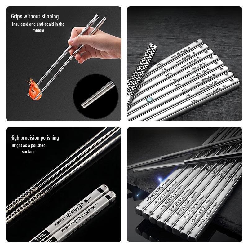 Ru Han 316L Stainless Steel Square Non-slip Chopsticks