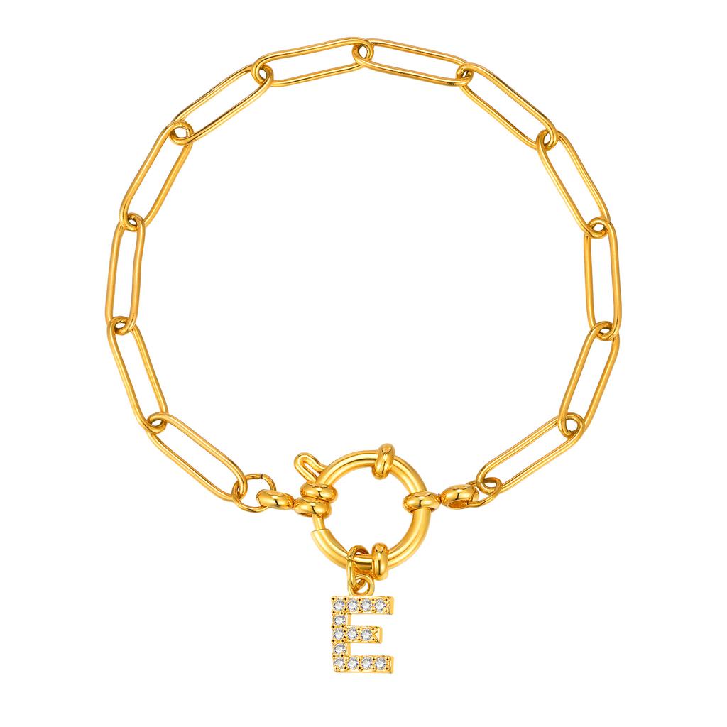 Bubble Buckle Zircon Initial A-Z Charm Bracelet, Stainless Steel Square Chain Bracelet for Women, 26 Letters Alphabet Jewelry