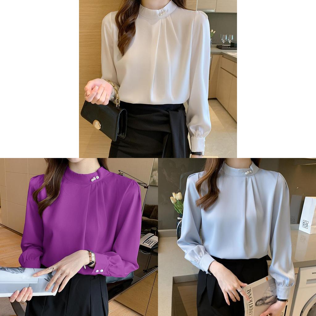 Satin Shirt Women Long Sleeve Pearl Embellished Elegant Office Wear For Spring 2026