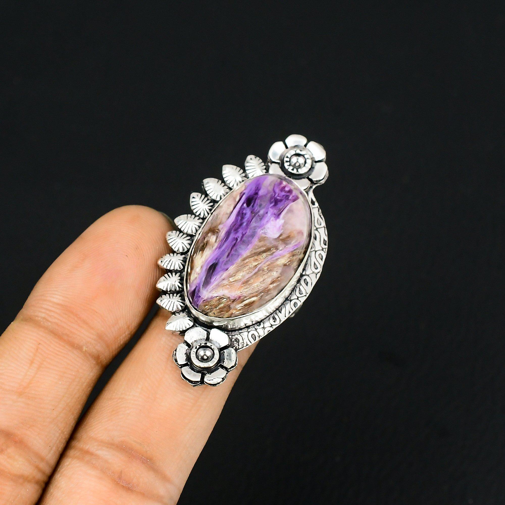 Daughters Day Deal 925 Sterling Silver Natural Charoite Promise Flower Ring US 7 7