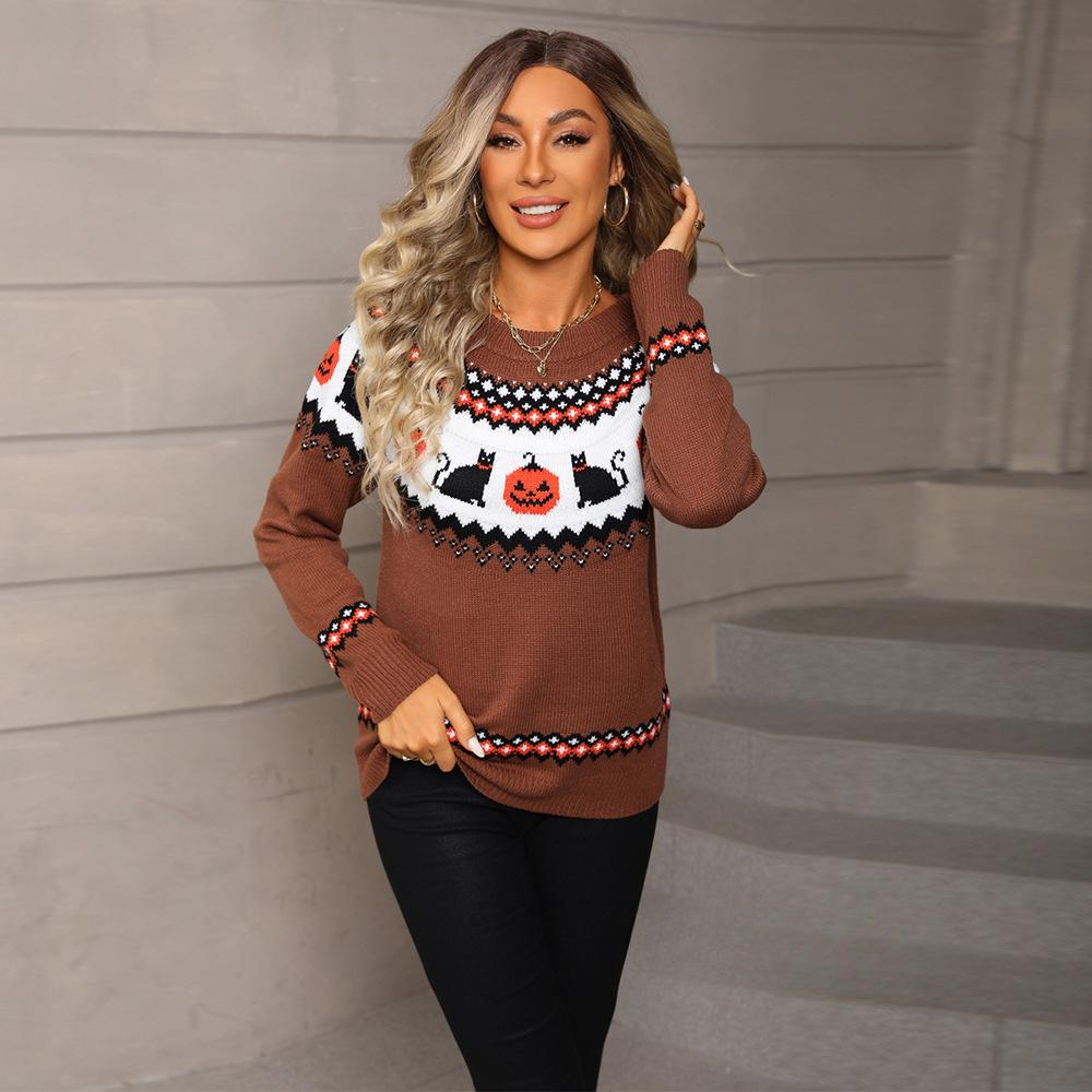 Winter New Christmas Sweater, Halloween Personalized Knitted Top for Women
