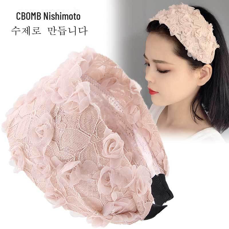

Женская корейская кружевная цветочная нескользящая повязка для волос с зубцами для прикрытия седых волос и умывания лица. розовый