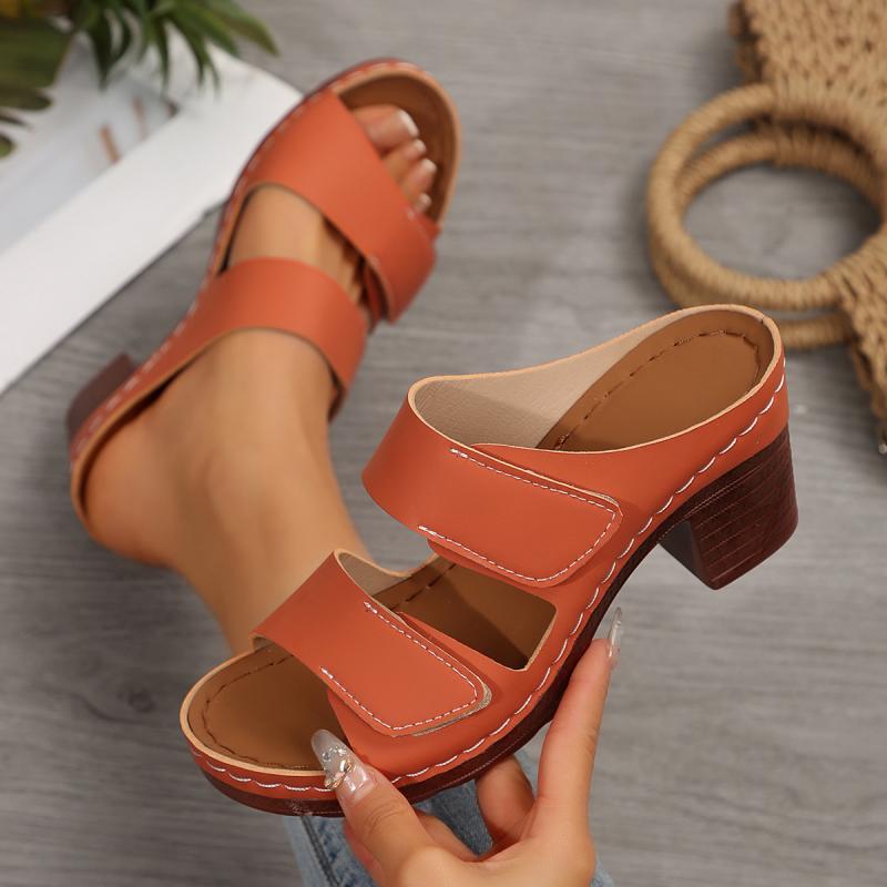 Mode Bequeme High Heels Pantoletten Damen 2025 Sommer Orange Klettverschluss Patch Dekoration Schuhe Damen Weiche Gummi Laufschuhe Frau