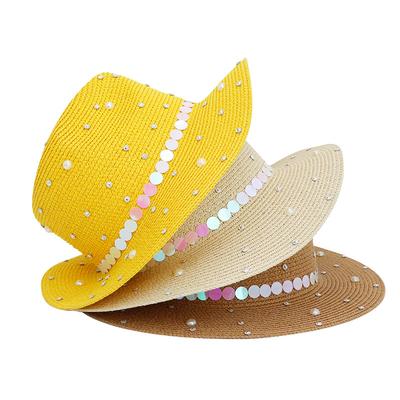 Perlový Panama slaměný klobouk Módní pánský a dámský Top hat s vykládanými diamanty a flitry Plážový klobouk proti slunci k moři