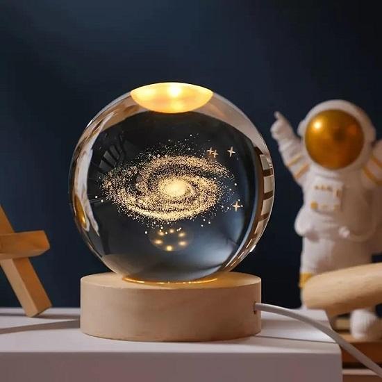 3D Galaxy Crystal Ball Night Lamp Engraved USB Table LED Wooden Light for Home Office Decoration and Birthday Gift