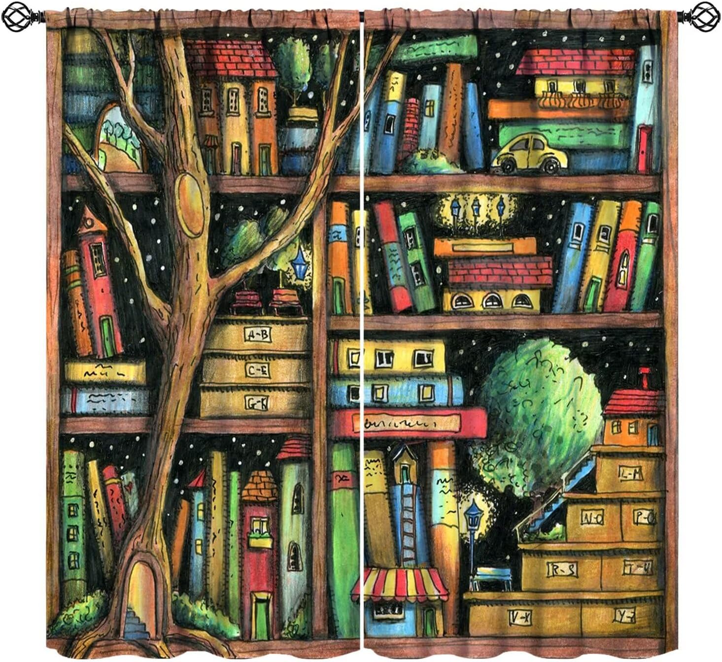 

Шторы для книжной полки Мультяшный кот Библиотечное искусство Печатные оконные занавески Спальня Гостиная Кухня Декор Набор тканей Панель Бохо Полиэстер Обработка пространства W100*H130(CM)-Rod Pocket&2PCS