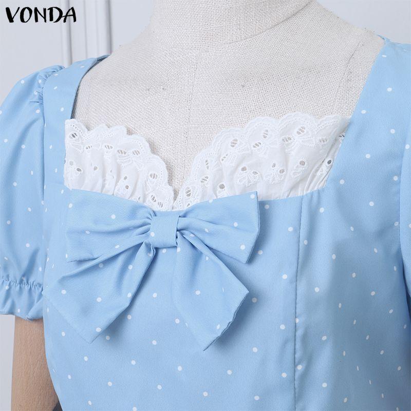 VONDA Rochie Mini Casual pentru Femei cu Gât Pătrat, Mâneci Scurte Bufante, Fundă și Buline