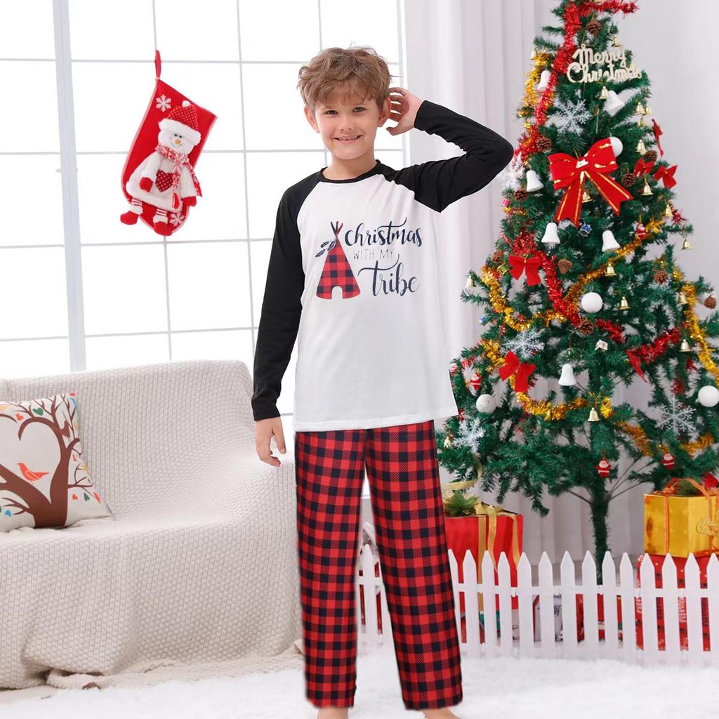 Custom Logo Family Christmas Pajamas Winter Long Sleeve Pjs Pajamas Custom Kids Pajama Set Print Top and Plaid Pants Sleepwear