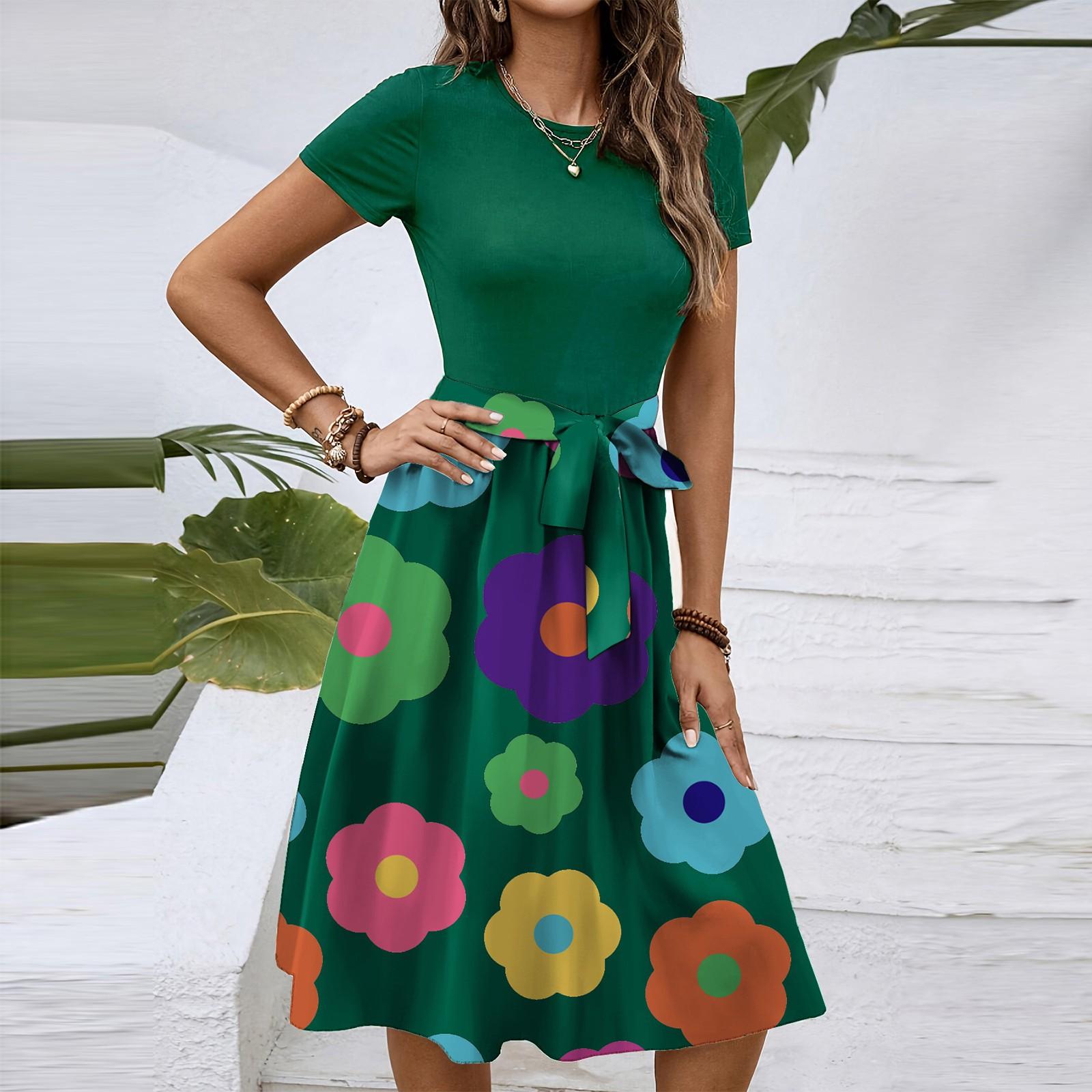 

Женское модное ретро-платье с принтом и цветным поясом M