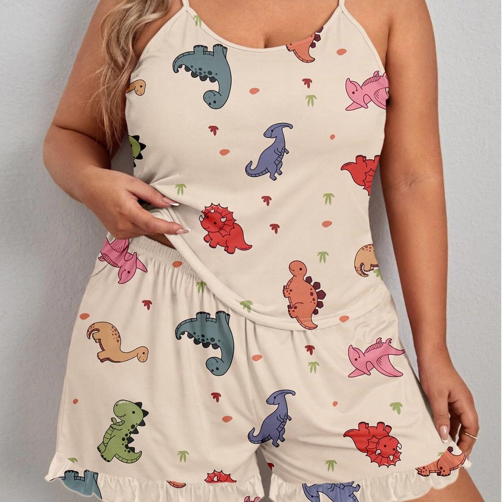 Large Size Loose Women's Pajamas, Leisure Suspenders Pajamas, Cute Cartoon Dinosaur Print Homewear Suit