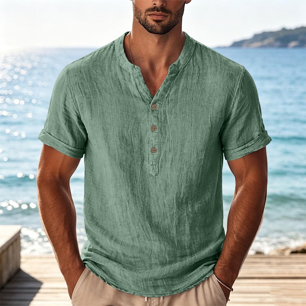 Mens Casual Button Neck Lightweight Short Sleeve Shirt Breathable Relaxed Fit Summer Top for Everyday Wear