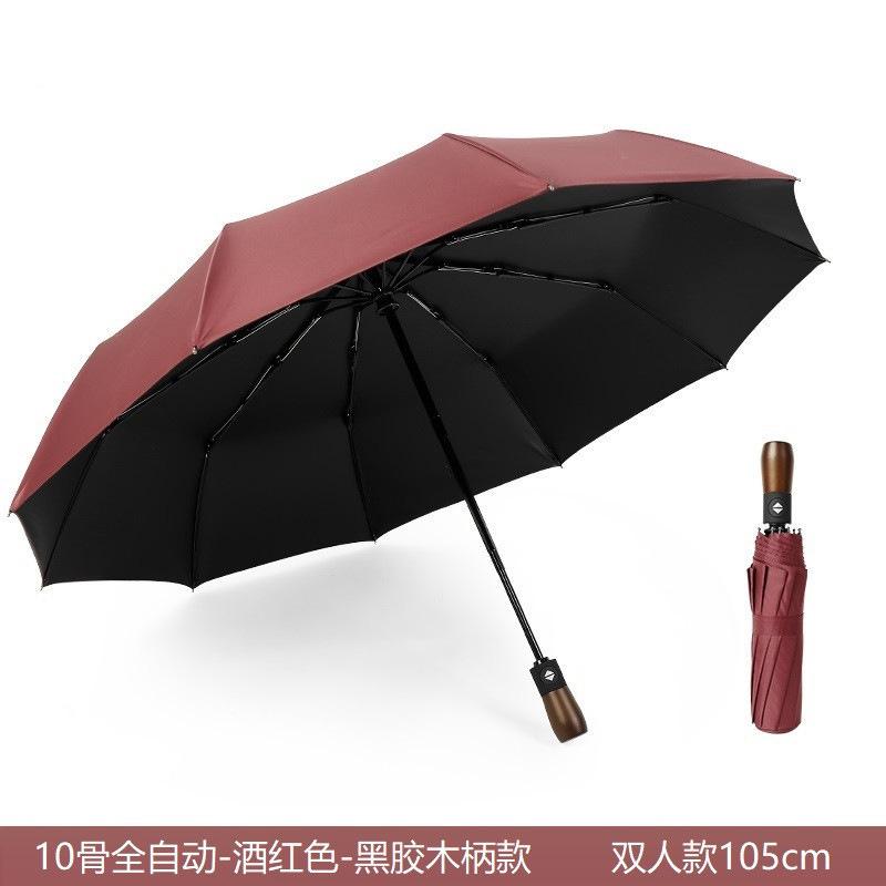 

Мужской зонт из винила с десятью костями, ветрозащитный, тройной, складной, с ручкой из цельного дерева, ретро-зонт бордовый
