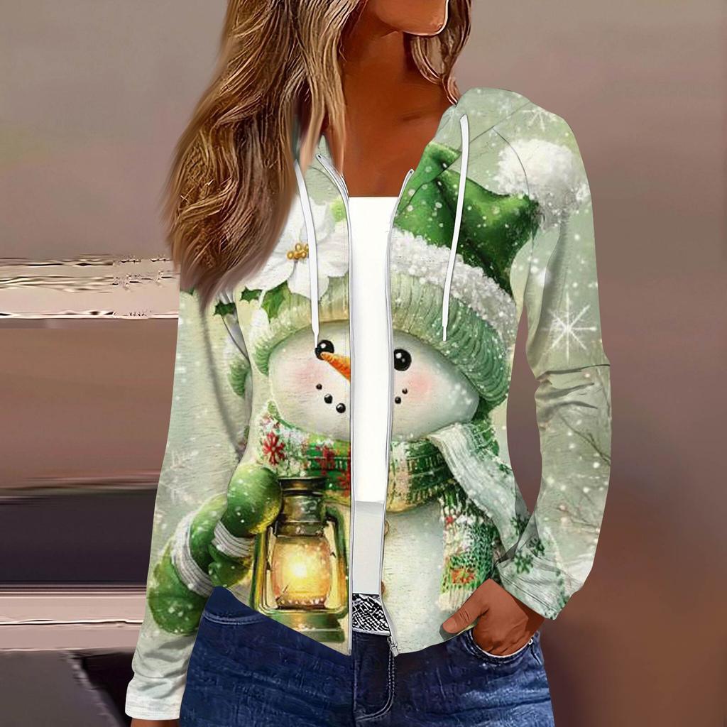Chaqueta Casual con Capucha y Cremallera de Manga Larga con Estampado Navideño de Moda para Mujer