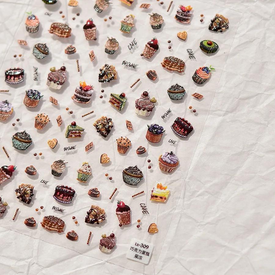 Cute Animals Bear Dog Cake Sweet Cherry Grid Bowknot Star Line Fruit Relief Self Adhesive Nail Art Stickers 5D Manicure Decals