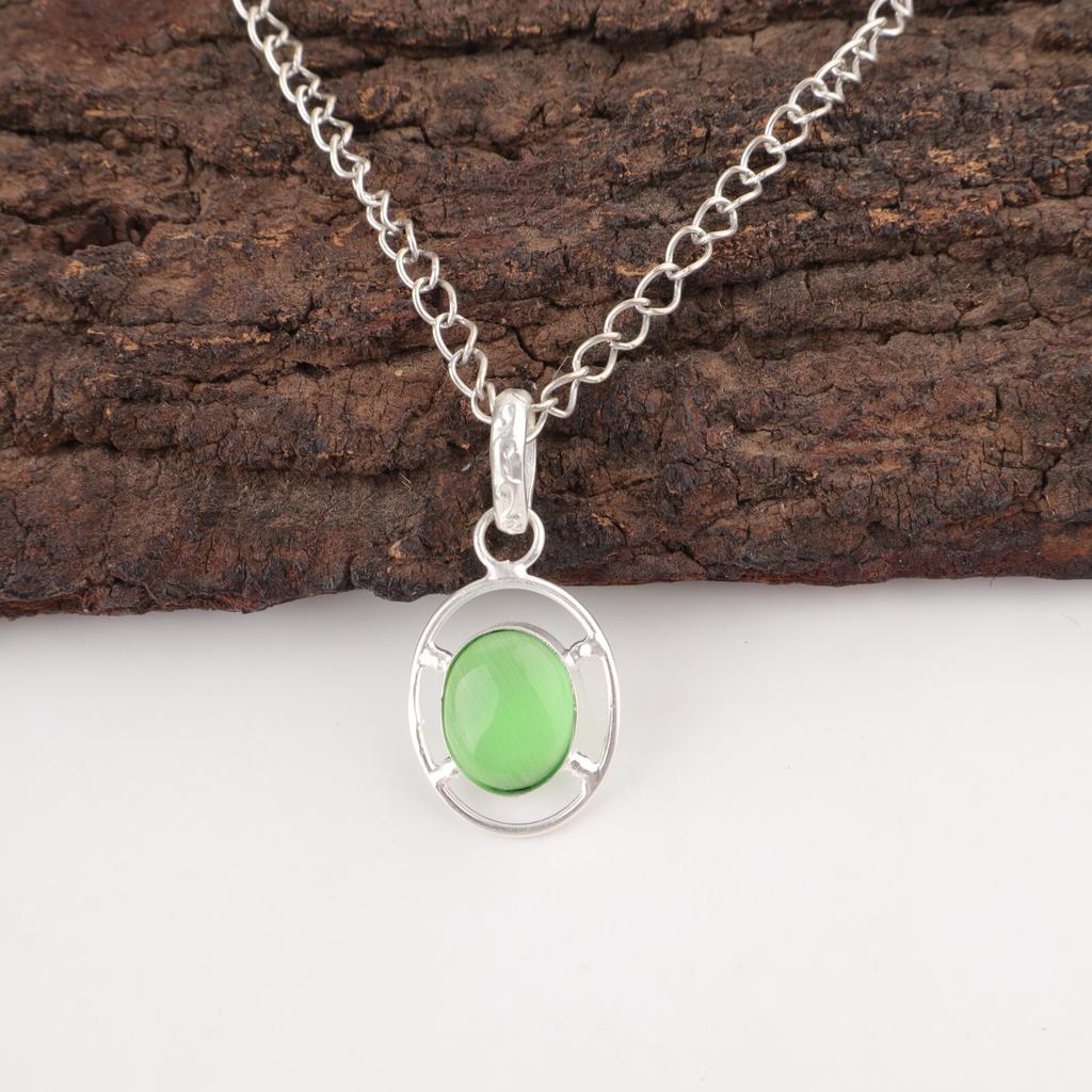 Green Cat'S Eye Gemstone 925 Sterling Silver Artisan Wedding Sisters Day Pendant PP-6-41