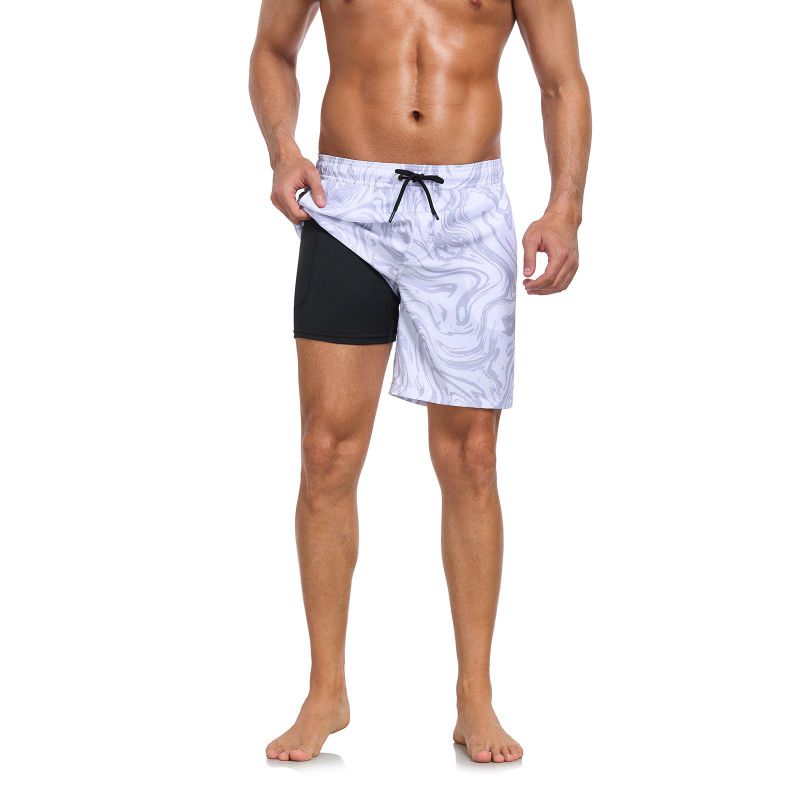 Men's Double-Layer Printed Beach Shorts Drawstring Swim Trunks