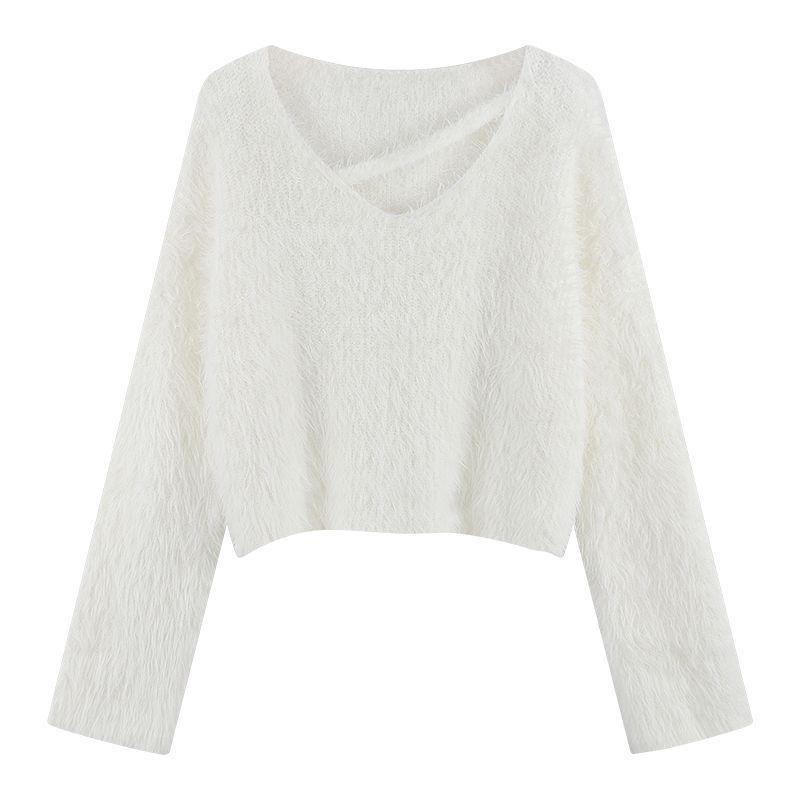 Trendy V-Neck Faux Mink Fur Sweater for Women - Autumn/Winter Cozy Knit Top