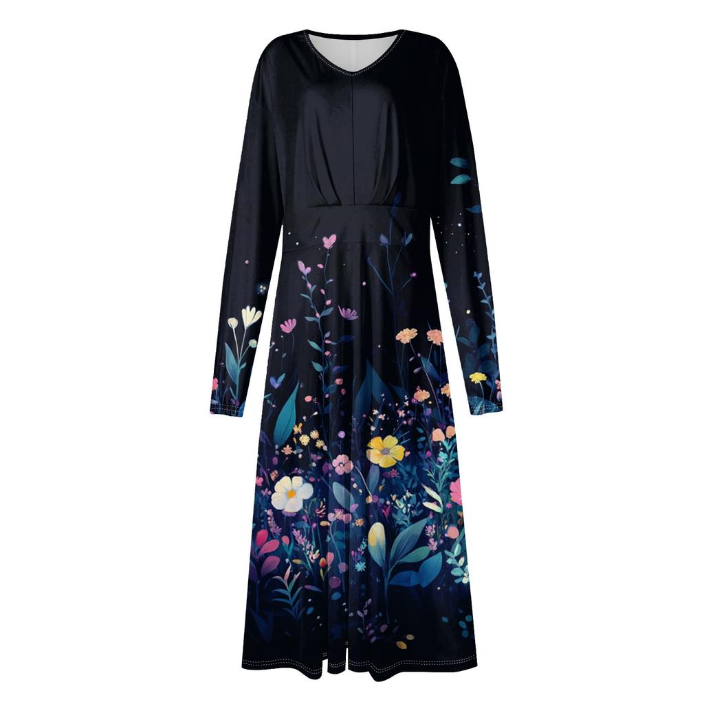 Women's  Casual Fashion V-Neck Long Sleeve Floral Print Long Dress