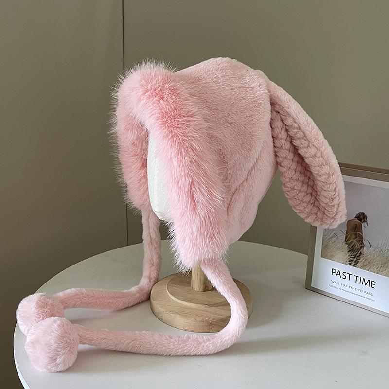 Autumn and winter furry cute rabbit ears children warm ear protection hat headgear cold hat thickened pullover hat