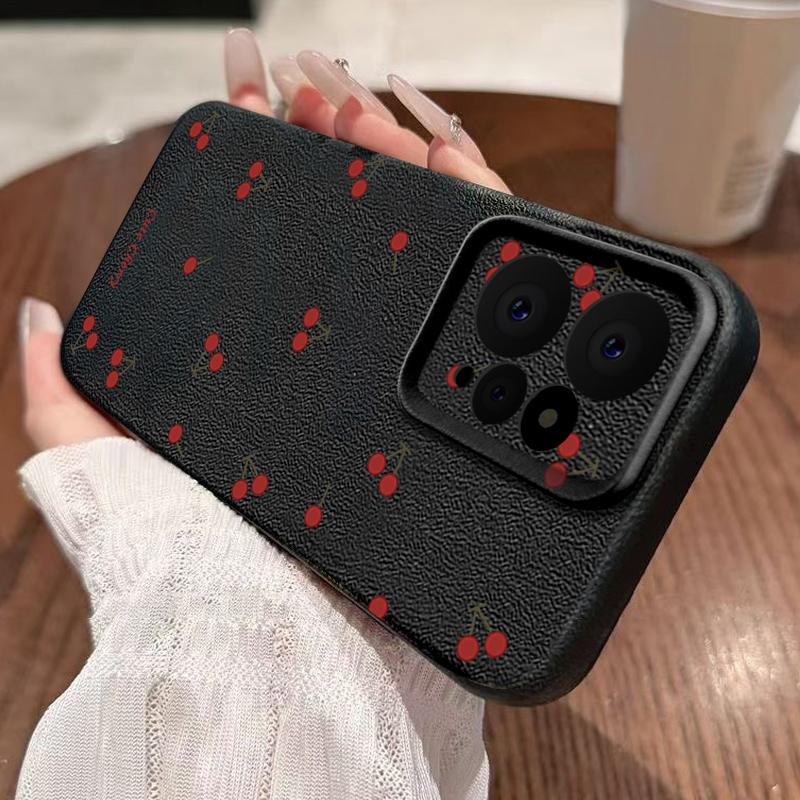 Little Cherry Print TPU Matte Leather Texture Slim Case For Xiaomi 13T Pro Poco X6 Redmi Note 14 Pro 13 12 11 Soft Shockproof Protection Phone Cover