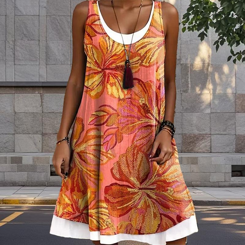 

Женское платье из двух частей с имитацией розы в стиле ретро с принтом без рукавов и круглым вырезом, свободное, мягкое и удобное, большого размера 2XL оранжевый