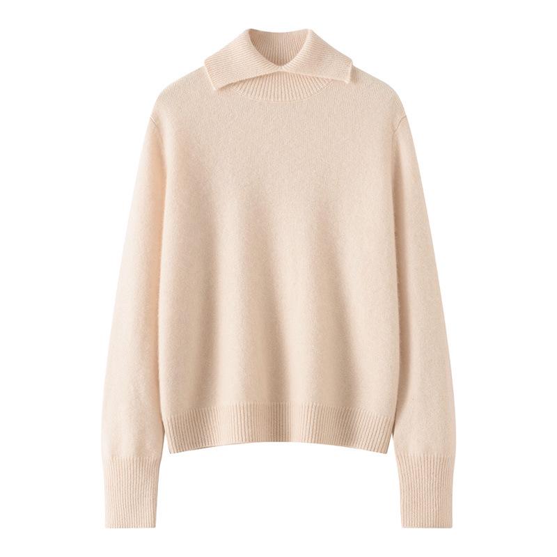 Lekasha Women's Loose High Neck Cashmere Knit Sweater with Lapel Design