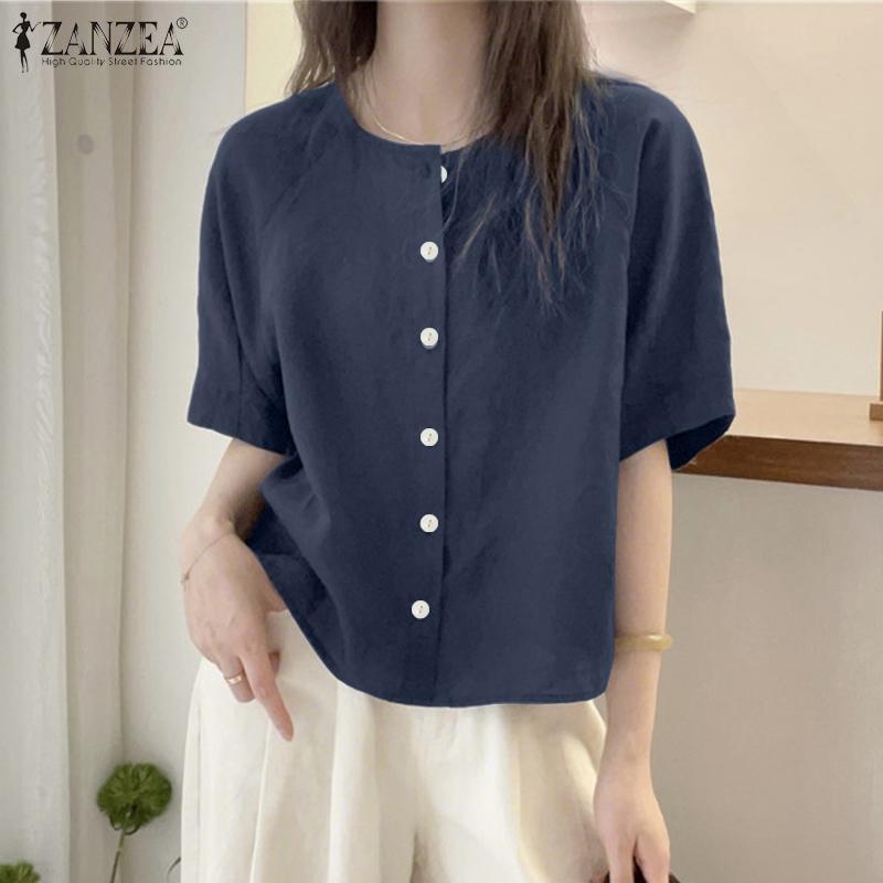 ZANZEA Women Casual Round Neck Loose Summer Half Sleeve Blouse