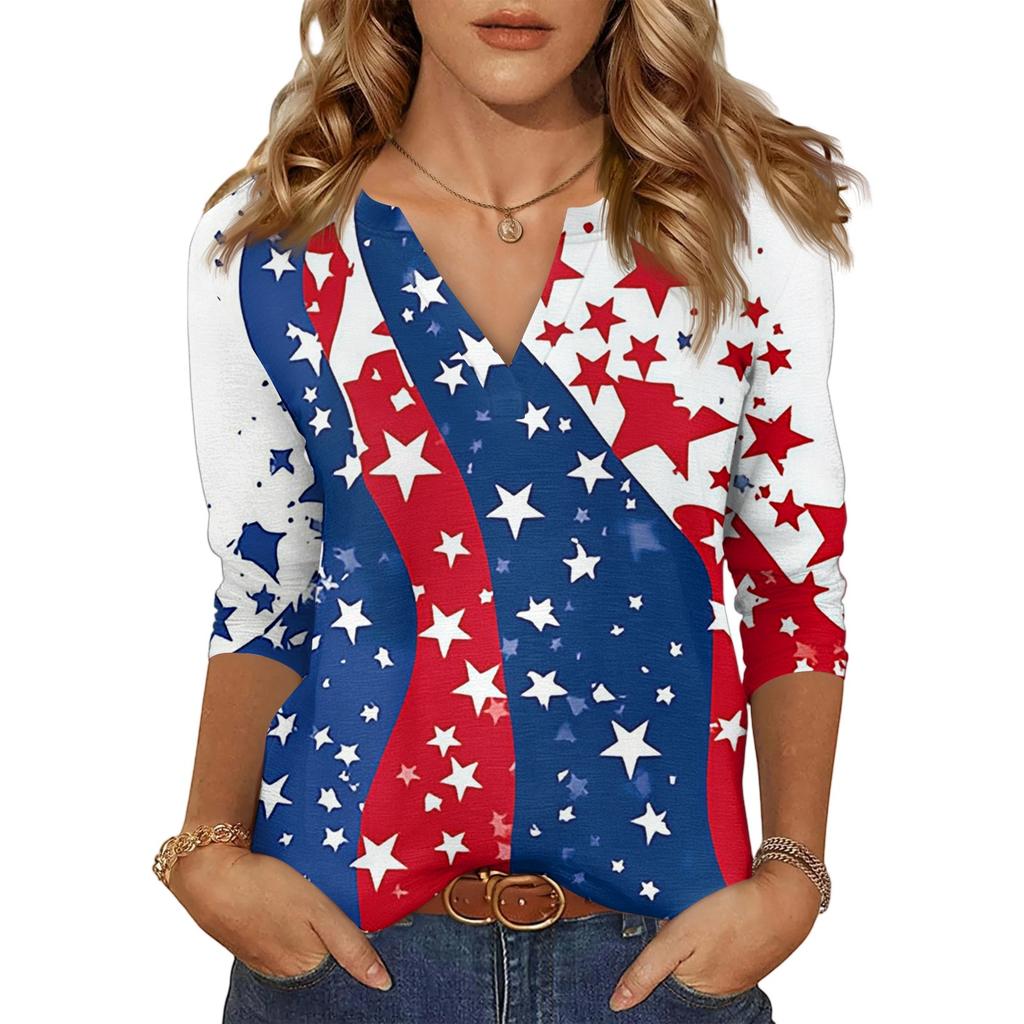 Women's Casual Fashion Sexy Comfortable V-Neck Independence Day Seven Sleeve Top