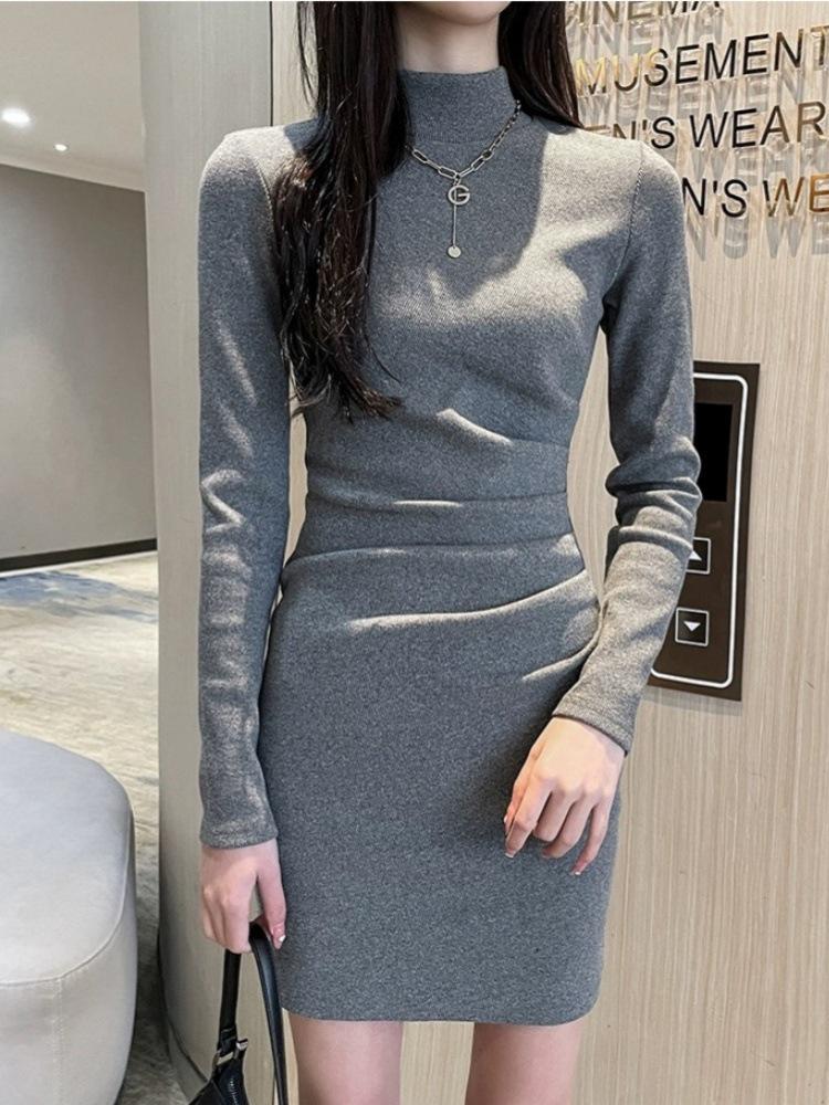 Velvet Women's Dress: Autumn/Winter Semi-High Neck, Long Sleeve, Slim Fit Hip Wrap Skirt