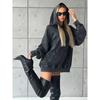 Fashion Autumn Worn Looking Washed-out Black Loose Casual Hooded Sweater Long Sleeve Tops Loose Hooded Top