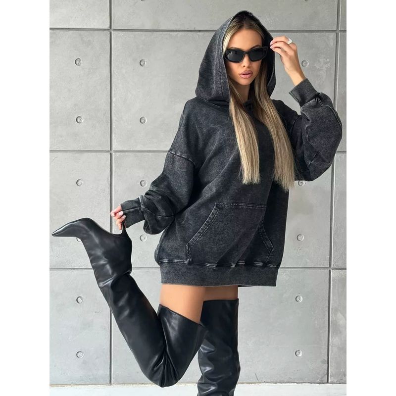 

Fashion Autumn Worn Looking Washed-out Black Loose Casual Hooded Sweater Long Sleeve Tops Loose Hooded Top Washed Black 3XL